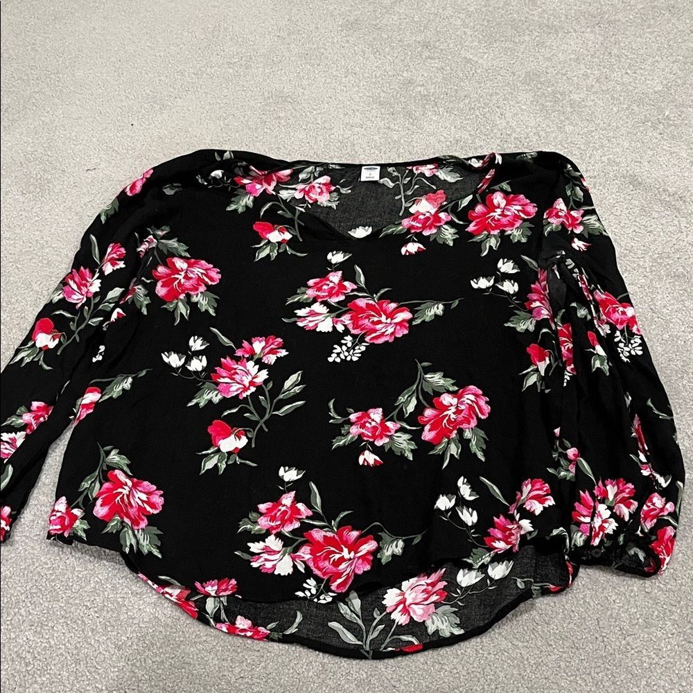 Old Navy Black Floral Blouse with Pink Accents